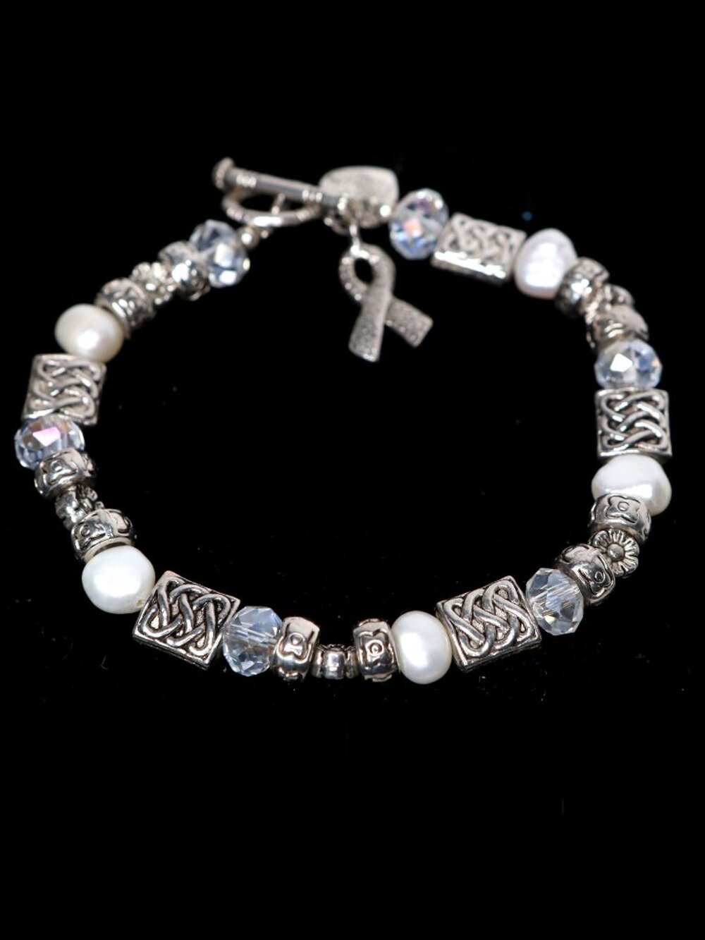 Breast Cancer Awareness Charm Bracelet Freshwater Pearl Pink Ribbon Silver